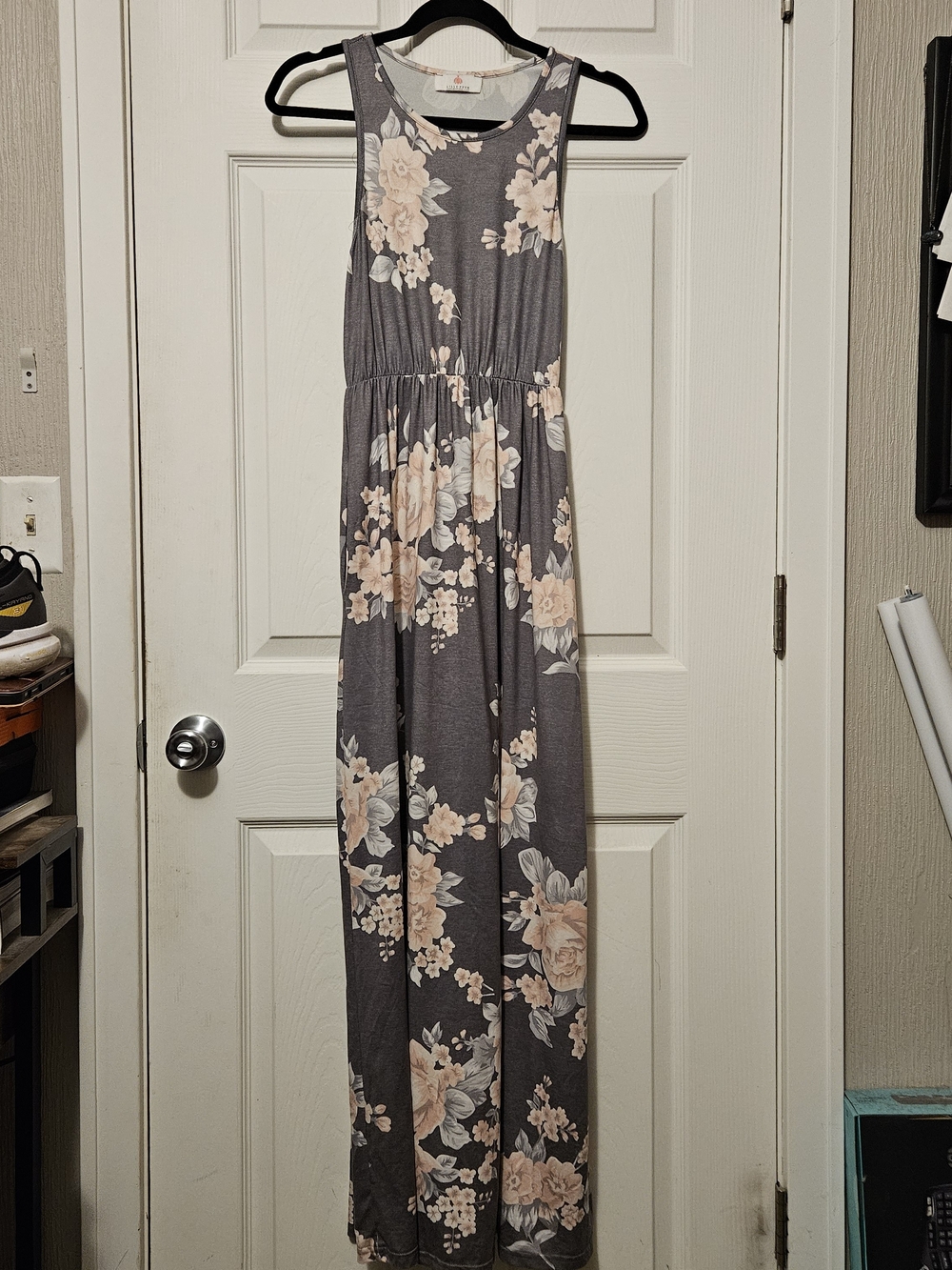 Sleeveless Gray Floral Maxi Dress with Pink Blooms